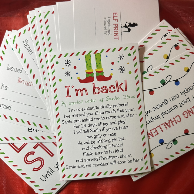 Set 2 Christmas Shelf Elf ideas pack - 30 A6 cards with props and ideas - arrival, goodbye, North Pole breakfast, report card, jokes, etc