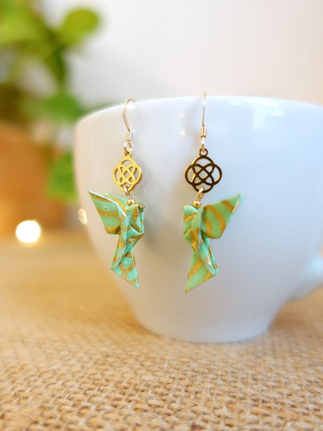 Origami Colombe, oiseau / GOLD FILLED, Or laminé / Boucles d'oreilles / Papier japonais washi / Vert, or / Bijou japonais origami /