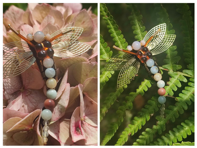 Broche libellule tissé main en pierre naturelle : amazonite pièce unique 