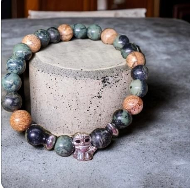 Bracelet Pandolith Homme Jaspe Paysage, Jaspe Kambala Grogu breloque argent 925