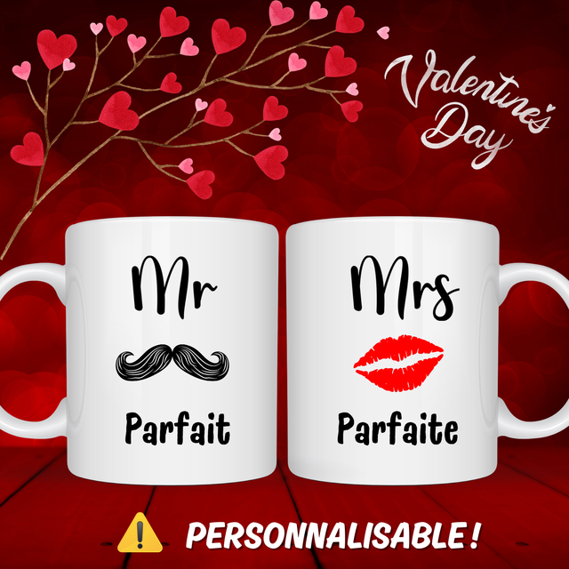 Duo de Mugs personnalisés couple Mr &amp; Mrs Parfait