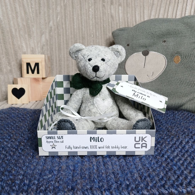 Milo. Small size, handmade teddy bear. UKCA. Grey. Dark Green. Limited Edition wool felt. 