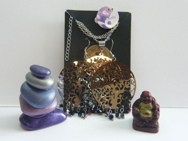 Arbre de Vie Perles Cristal Noir/Argenté/Violet