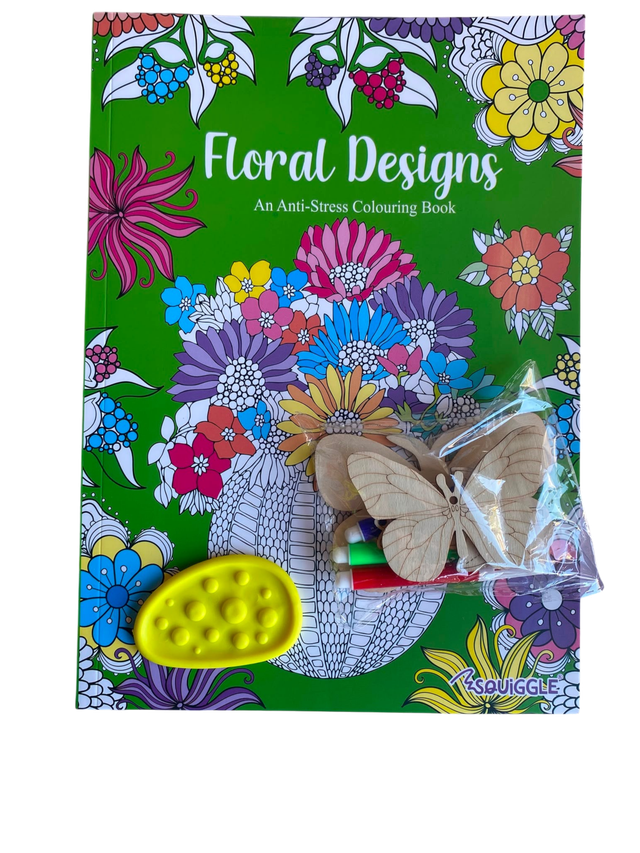 Kids Floral Designs Activity Set – Anti-Stress Book, Wooden Butterfly Craft, Markers &amp; Pop Toy  