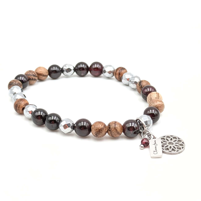 Bracelet Clara Joia Grenat Bois d'Encens Acier Argenté Fleur de Vie
