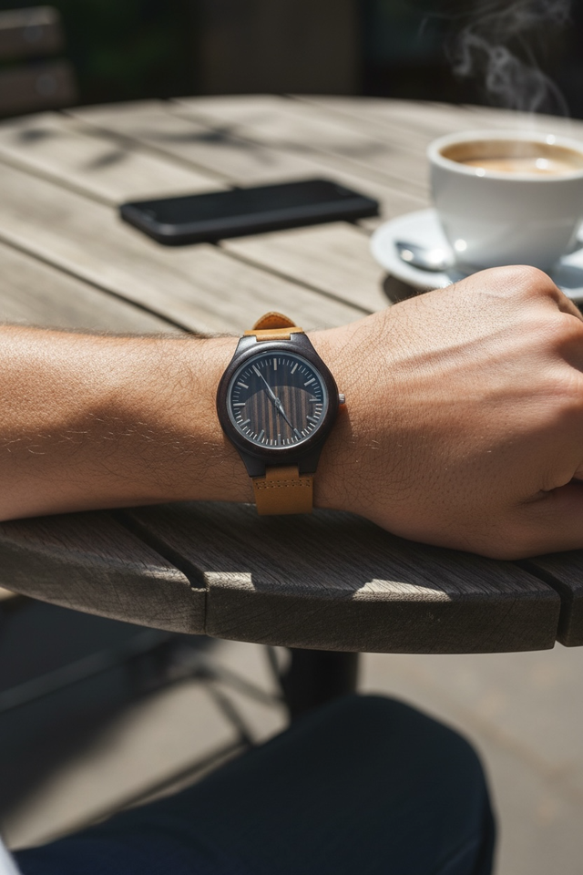 Montre bois bracelet cuir camel