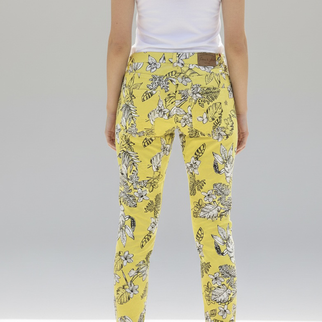 Jean Place du Jour Vintage - Coupe Slim Jaune à Motifs Fleurs Noires et Blanches