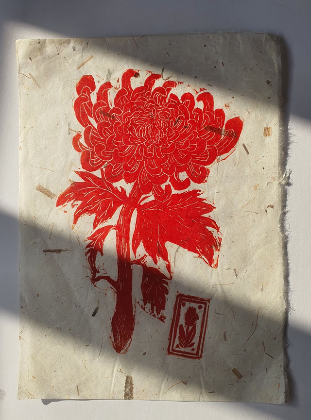 Red chrysanthemum linocut print