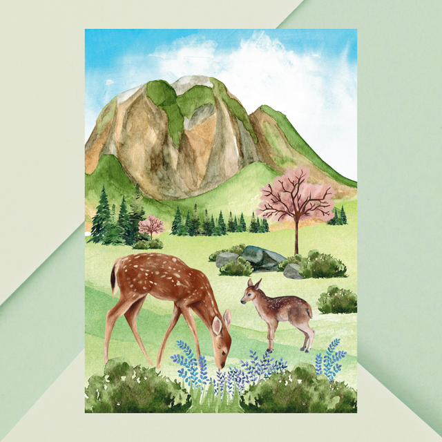 Impression Cerfs Mangeant de l'Herbe dans la Forêt - Art Paysage / Deer Grazing in Forest with Mountain View - Wildlife Landscape Art Print