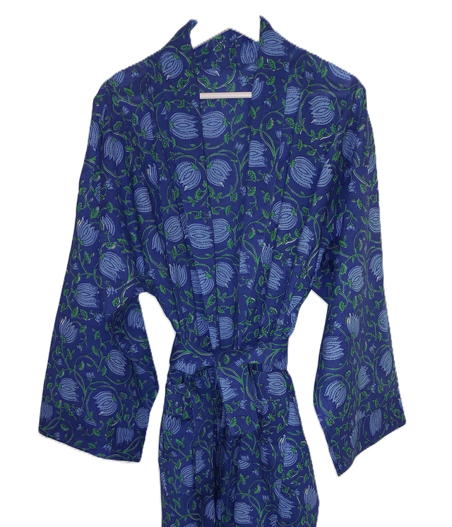 Peignoir kimono unisexe en coton naturel imprimé à la main, motif floral bleu, vert, robe de chambre L.130cm 