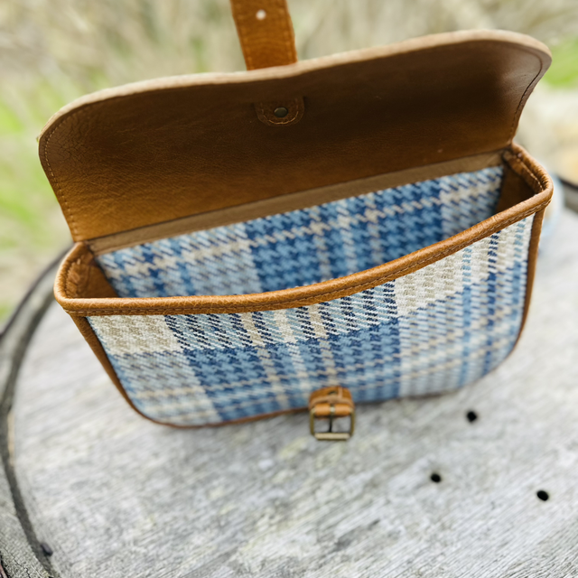 Tan Leather & Blue Check Saddle Bag