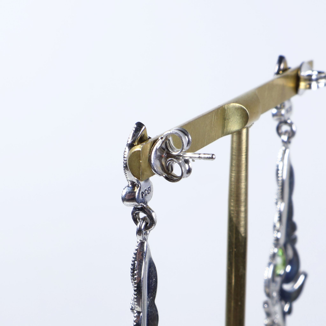 Art Nouveau Style Sterling Silver 925 Pear Cut Green Peridot Marcasite Gemstone August Birthstone Ornate Arrow Design Drop Earrings