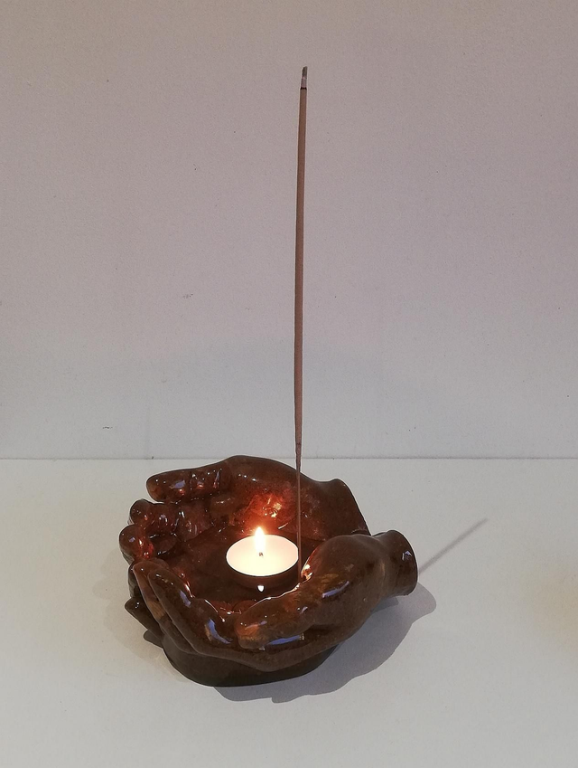 Support 4 éléments en terre d'ocre et fleurs séchées