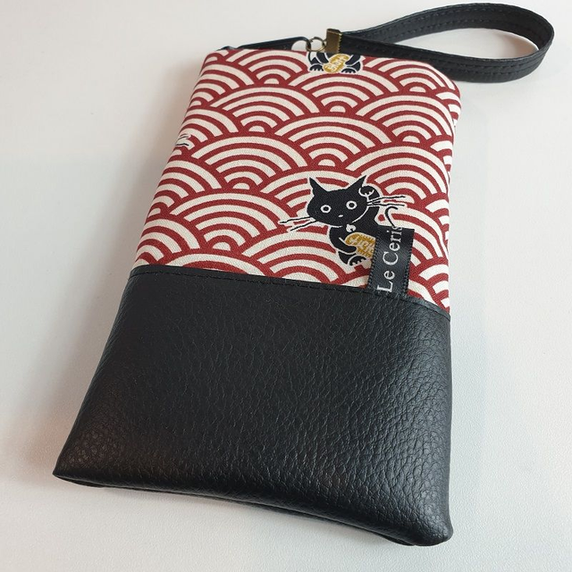 Etui zippé pour smartphone "Maneki" rouge & simili cuir noir