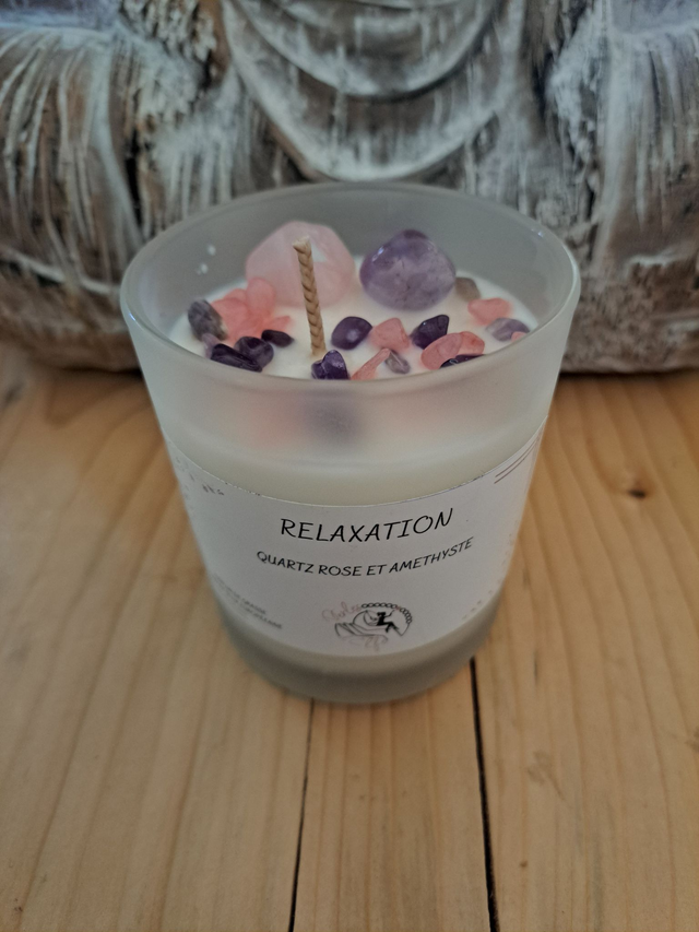 Bougie relaxation avec quartz rose et améthyste