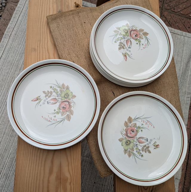 Assiettes à fleurs liseré marron