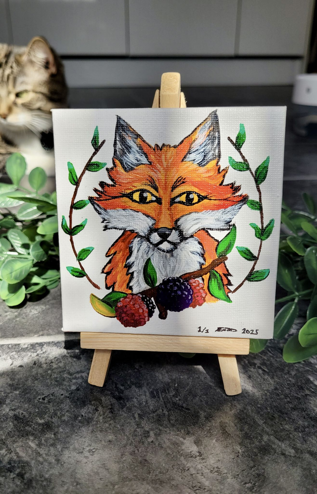Original Mini Canvas Painting – Fox, Berries and Brambles