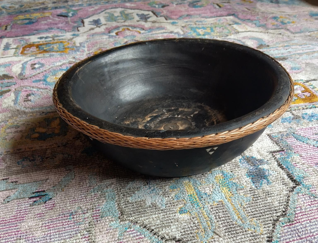 Early / mid 20th century ethnic fruit bowl with wicker edging &amp; mother of pearl inlay 
