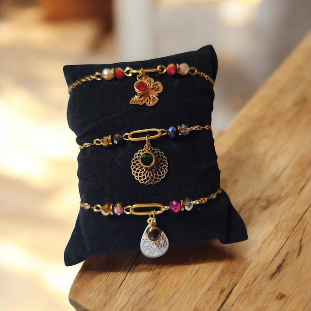 Bracelet acier inoxydable et strass vert foncé et doré