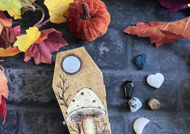 Coffin box with large mushroom and full moon design 