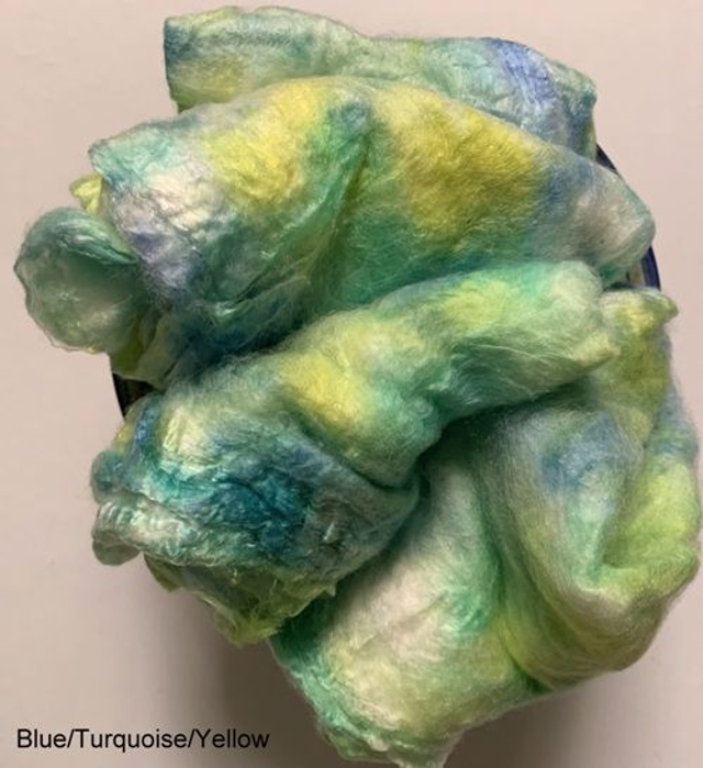 Mulberry Silk Hankies, Hand Dyed A Grade Mawata Silk Hankies, Blue/turquoise/yellow, Bombyx Silk, Spinning, Felting, Textile Art, Paper Making 