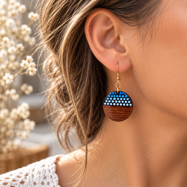 Boucles d’oreilles bleues rondes en bois – Dégradé de bleu peint à la main