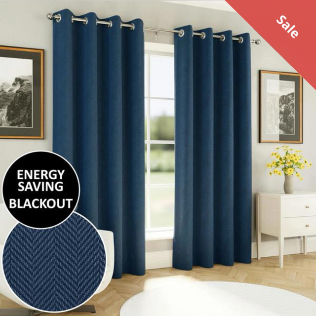Enhanced Living Chester Navy 100% Blackout Herringbone Jacquard Readymade Eyelet Curtains