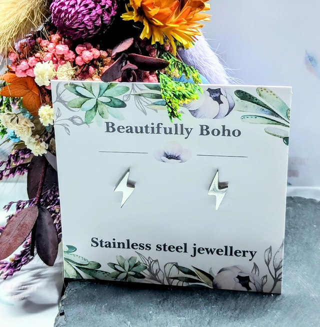 Stainless Steel Lightening Bolt Stud Earrings 