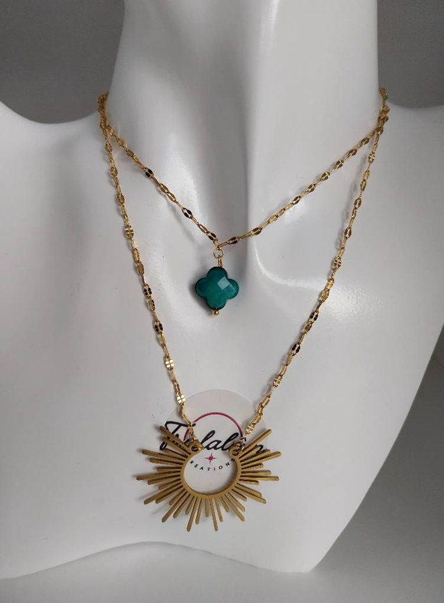 ✨Collier effet double rangs soleil trèfle vert émeraude✨