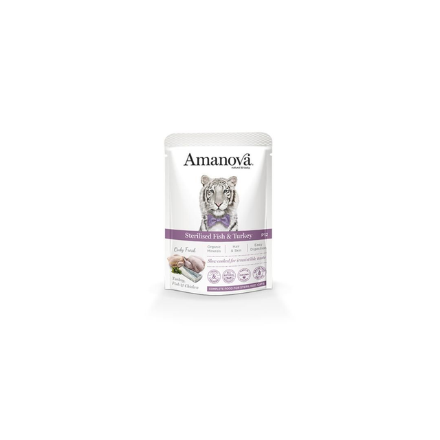 Amanova Pâtée 85gr chat stérilisé poissons &amp; dinde sans céréales (lot de 12 ou 24)