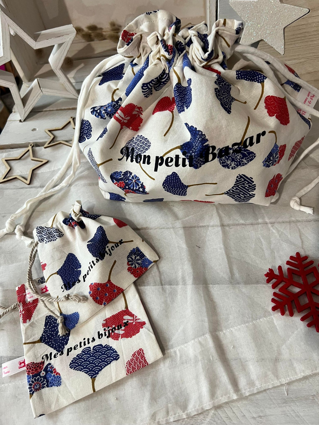 Grand Pochon cadeau emballage zero dechet et leurs minis pochons bijoux assortis