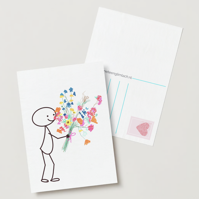 Wenskaart Robin met bos bloemen