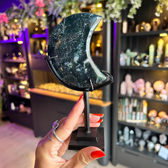 Moss Agate Moon on Stand R54P1