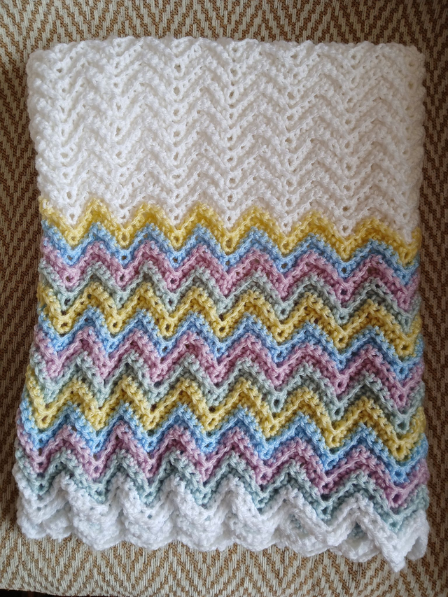 White/Multi Coloured Zig Zag Baby Blanket Hand Crocheted