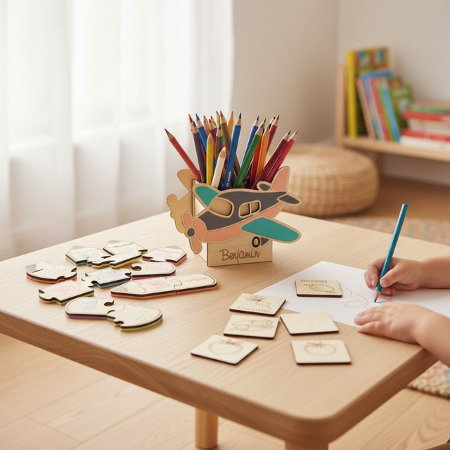 Pot à crayons et stylos en bois, cadeau pour enfants, décor avion