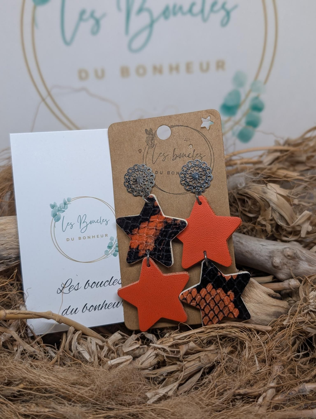 Boucles d&#039;oreilles Double star orange noir ds102