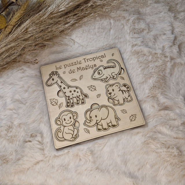 Puzzle bois personnalisé Animaux tropicaux pour enfant bébé, jeu éducatif et d&#039;éveil - Idée cadeau garçon et fille