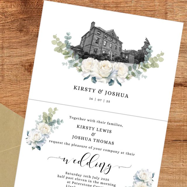 Peterstone Court venue image, eucalyptus and white roses - concertina wedding invitations - including guest information &amp; tear off RSVP postcard