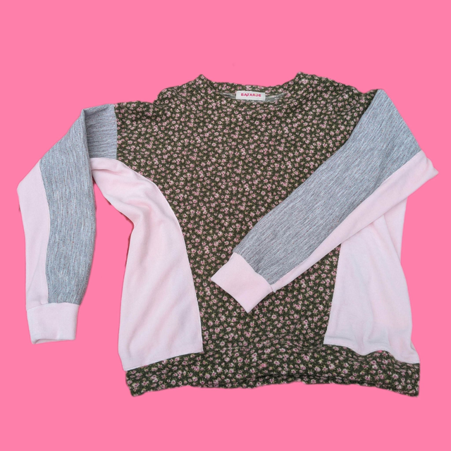 Sweat Velours Rose Pale et Motif Vert fleuri Taille M/L