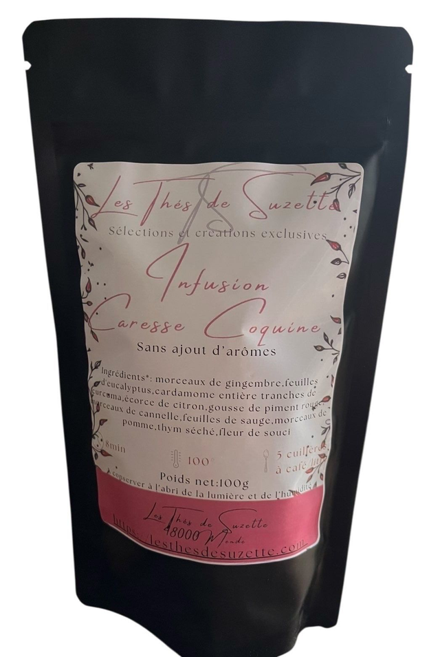 Infusion Caresse Coquine  -  Gingembre, eucalyptus, cardamome, curcuma, citron, piment rouge, thym 