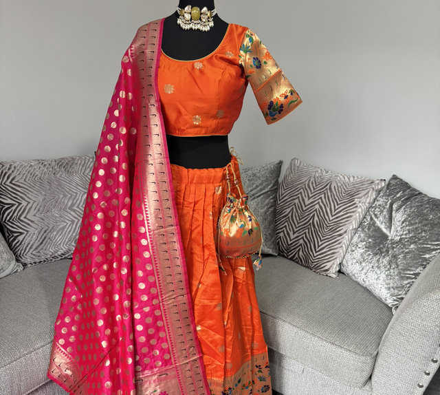 Paithani lehenga with stiched blouse potli bag