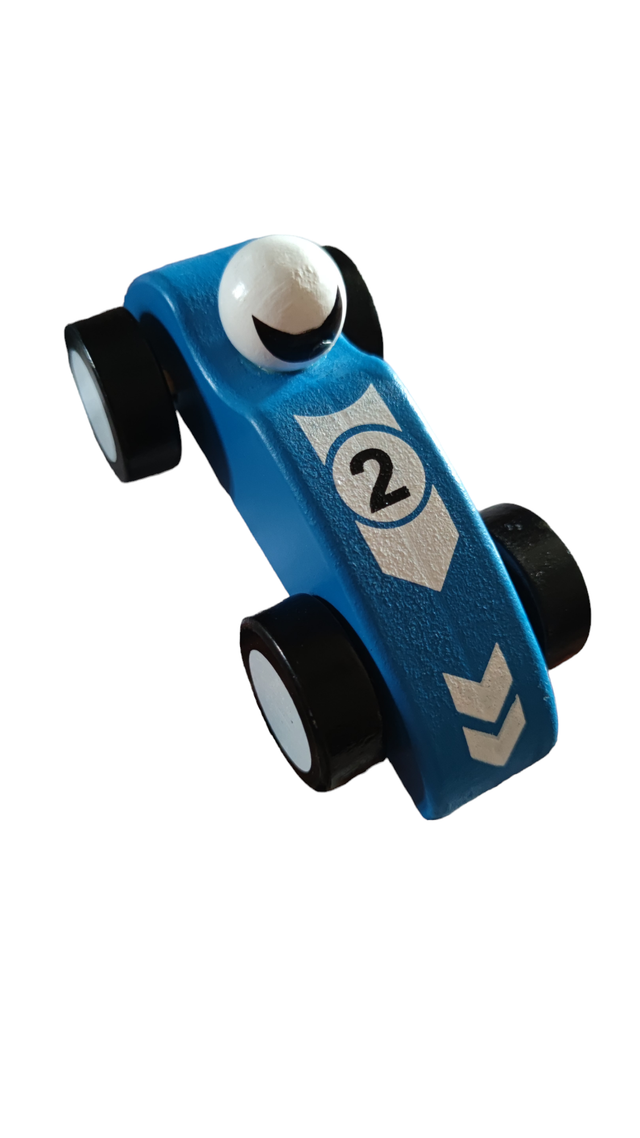 Voiture Formule 1 bleu en bois
