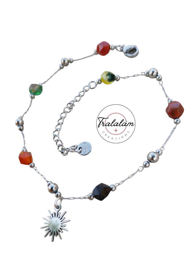 ✨Bracelet de cheville argenté perles multicolores et soleil acier✨