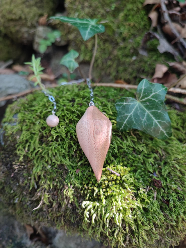 Pendule en Bois de Platane, Rhodonite et Chaînette en Acier Inoxydable