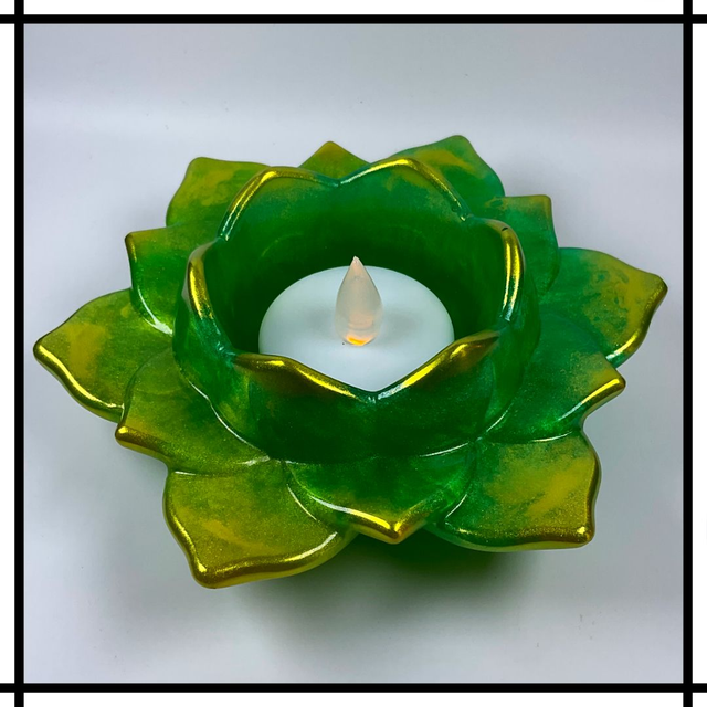 Handmade Resin Lotus Flower Tealight Holder – Green &amp; Gold | Decorative Mindfulness Home Décor - LTH-014
