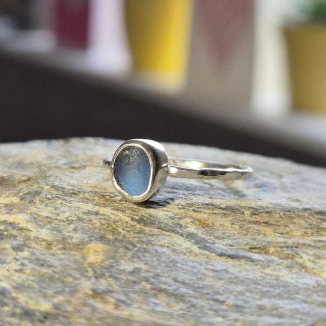 Size O Blue Sea Glass and Sterling Silver Ring 