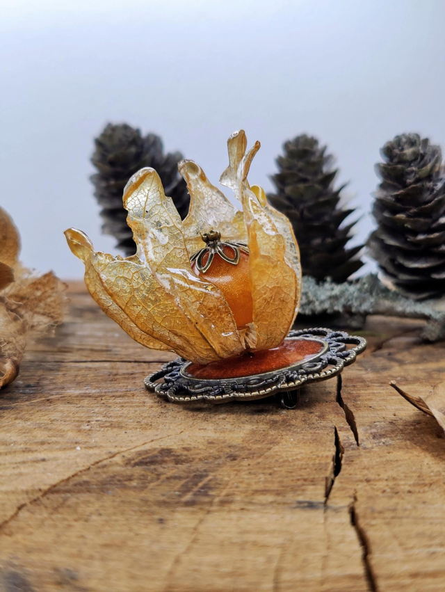 Broche Physalis et perle de résine vintage
