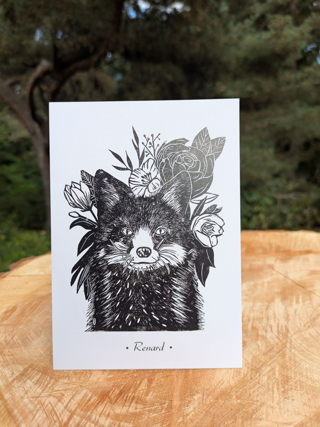 Carte postale renard linogravure