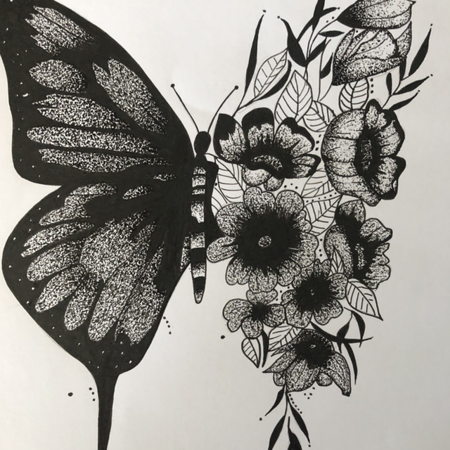 Papillon fleur - 22 x 22 cm - encadrement blanc 