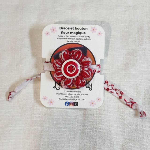 Bracelet Bouton Fleur Pomponette Rouge et Blanc